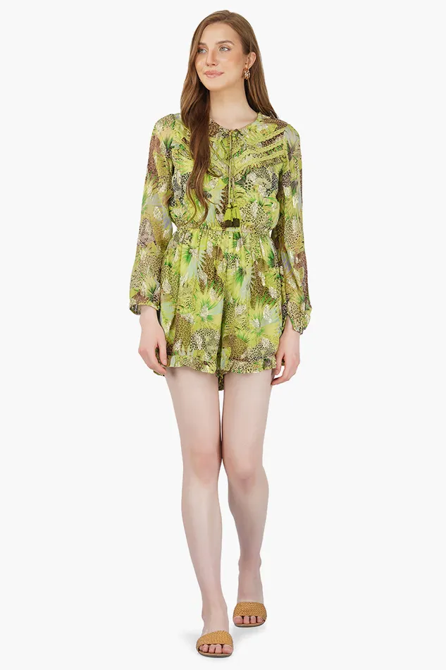 Women Jumpsuits America and Beyond Lime Green Leopard Printed Romper