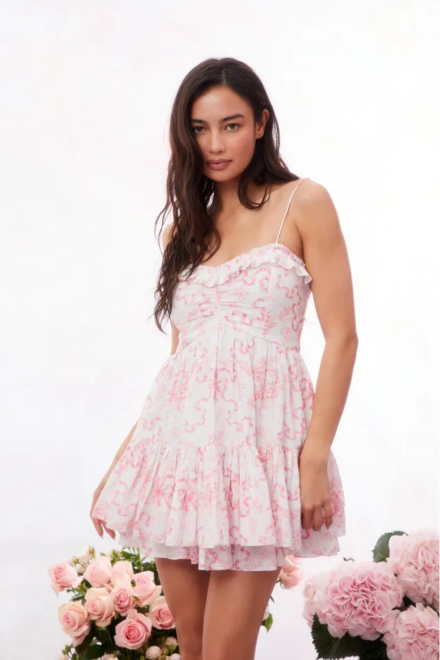 WomenKids LoveShackFancy Dresses Linny Bow Print Mini Dress Bubblegum Blast