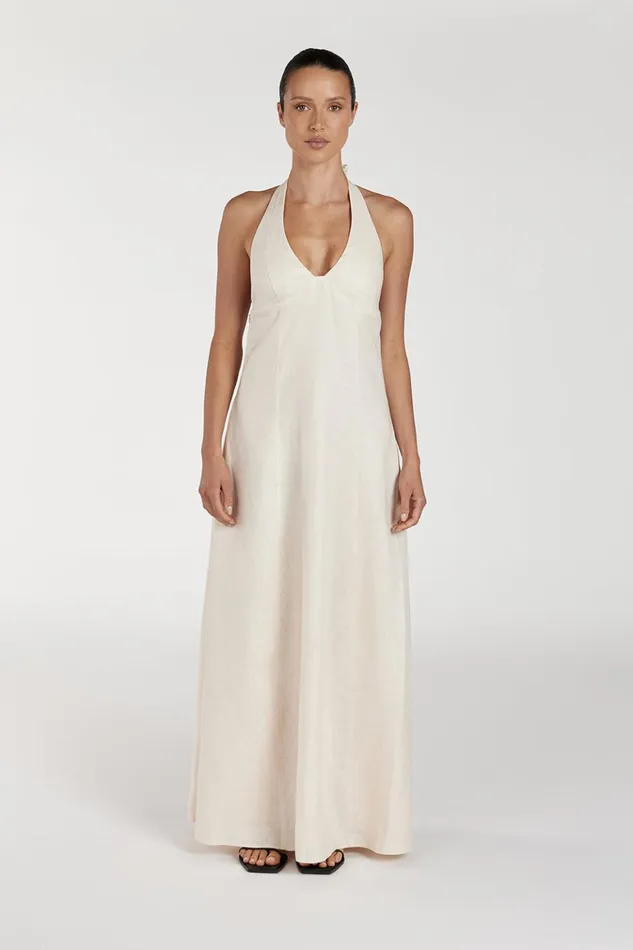 Women Linen Dresses DISSH AUDREY CREAM HALTER LINEN DRESS
