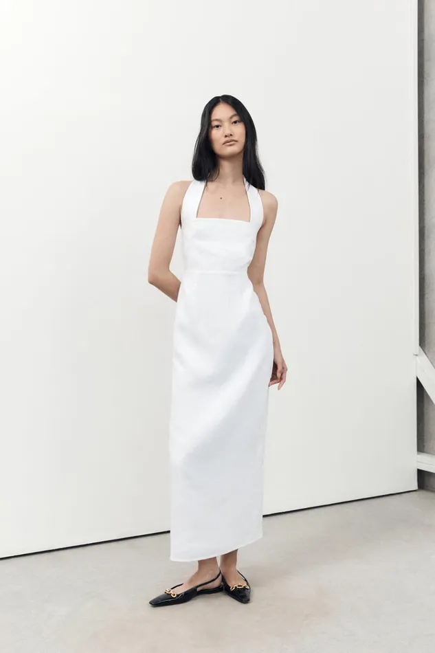 Women Linen Dresses DISSH LEO WHITE HALTER LINEN MIDI DRESS