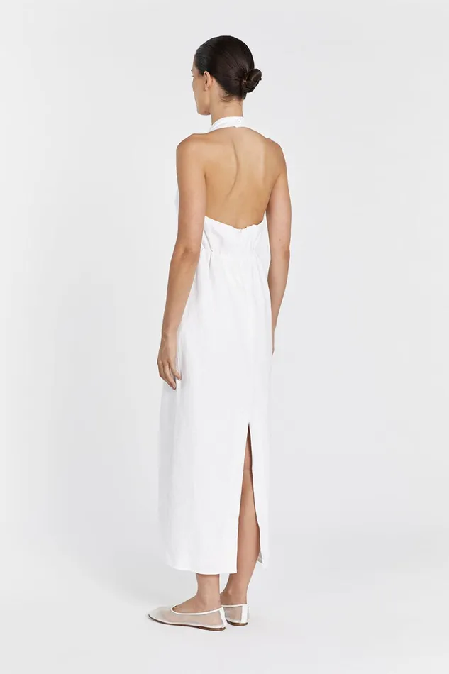 Women Linen Dresses DISSH LEO WHITE HALTER LINEN MIDI DRESS