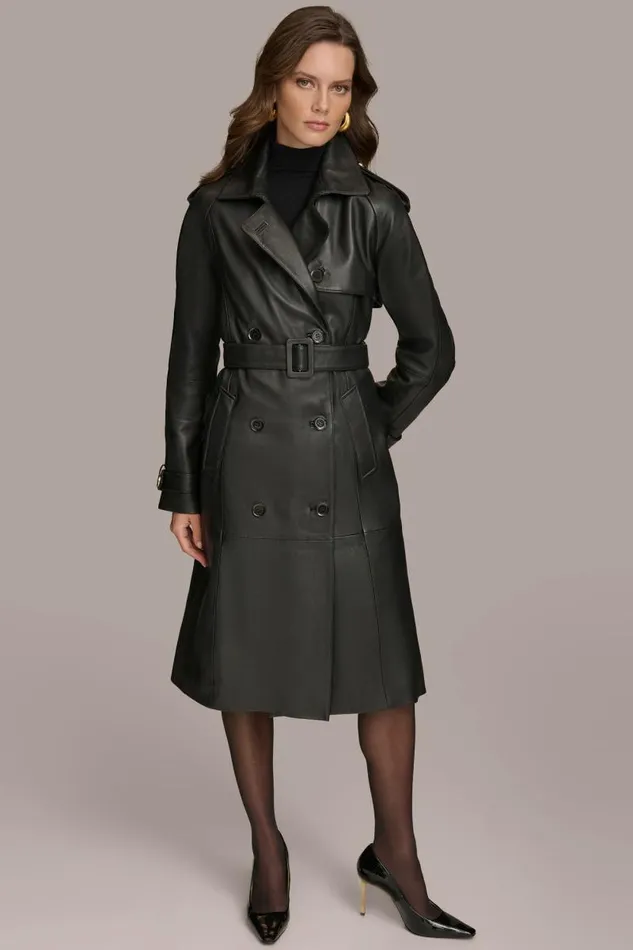 Women LONG LEATHER COAT Black Donna Karan New York Outerwear