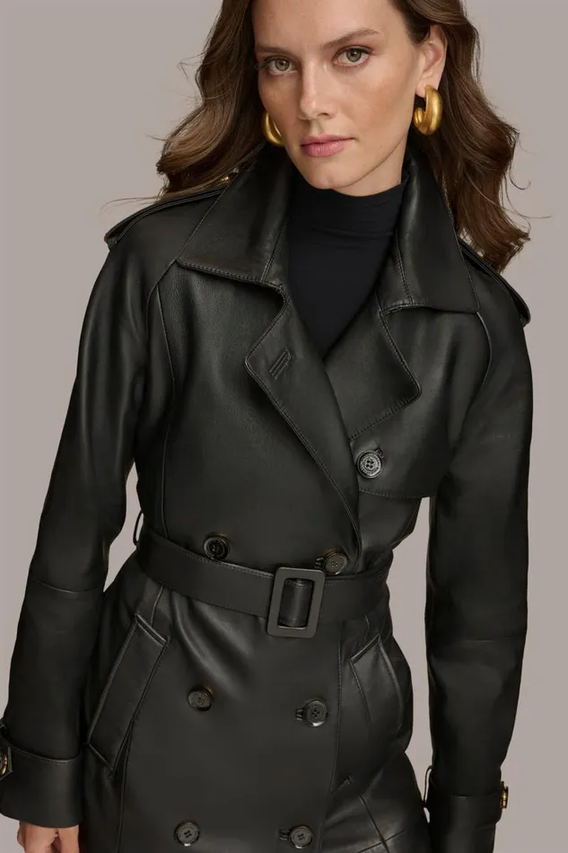 Women LONG LEATHER COAT Black Donna Karan New York Outerwear Women LONG LEATHER COAT Black Donna Karan New York Outerwear