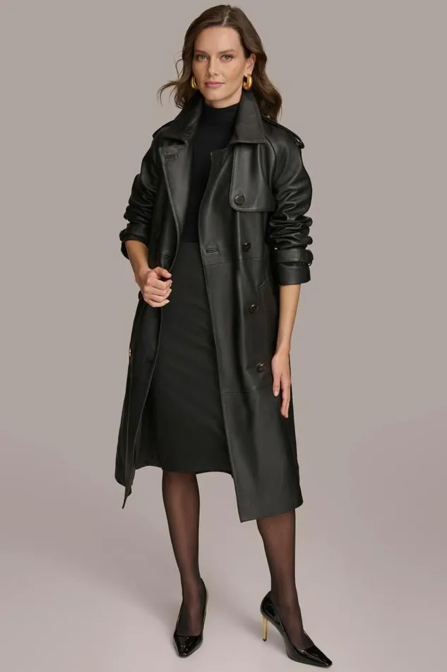 Women LONG LEATHER COAT Black Donna Karan New York Outerwear Women LONG LEATHER COAT Black Donna Karan New York Outerwear