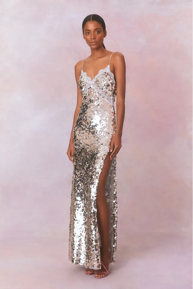 Women LoveShackFancy Dresses Olmine Sequin Maxi Dress Silver
