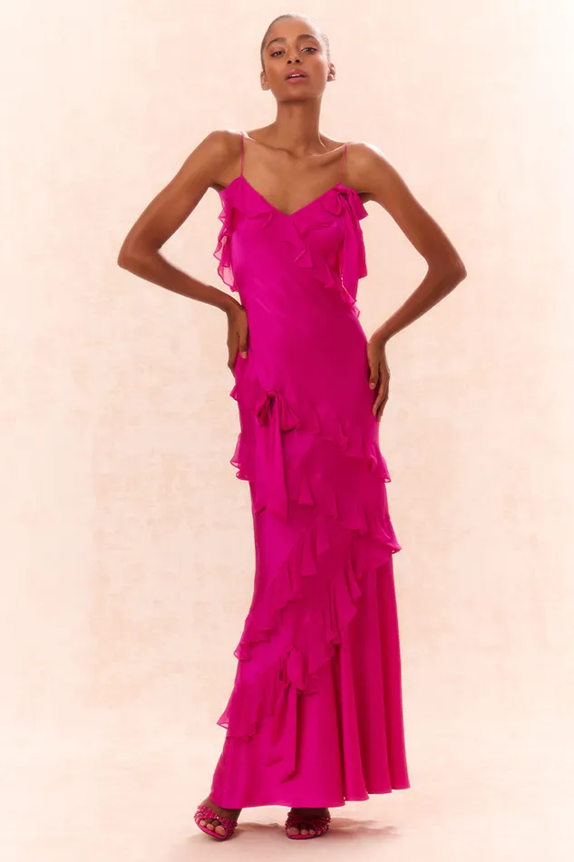 Women LoveShackFancy Dresses Rialto Silk Ruffle Maxi Dress Fuchsia