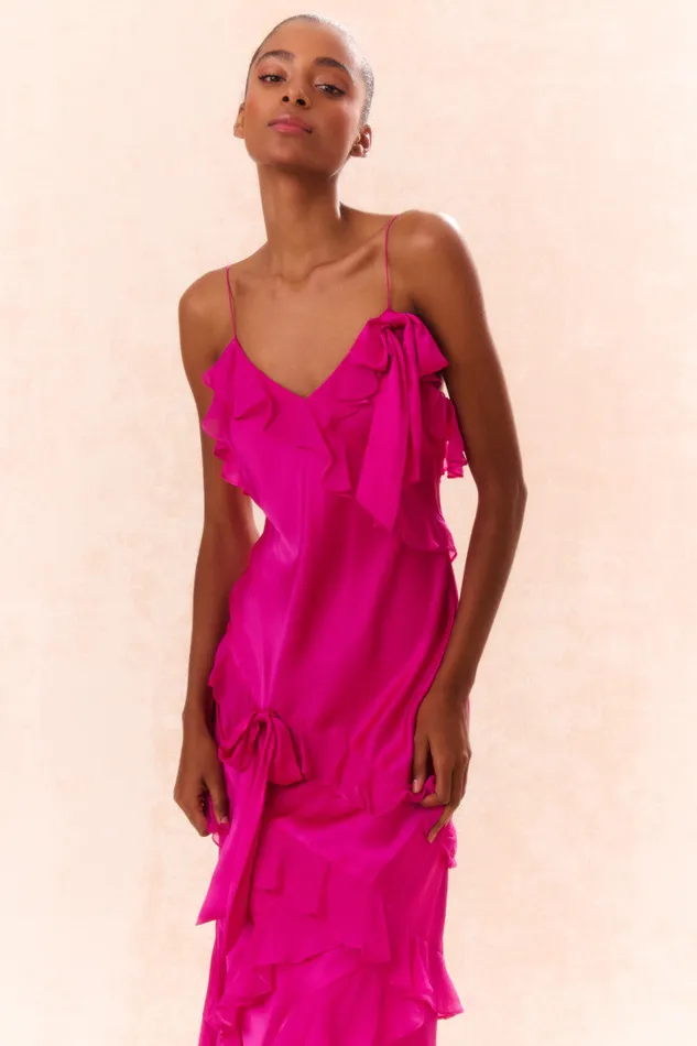 Women LoveShackFancy Dresses Rialto Silk Ruffle Maxi Dress Fuchsia