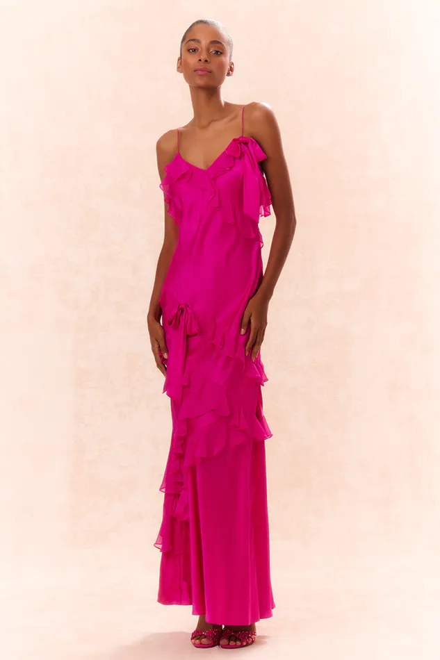 Women LoveShackFancy Dresses Rialto Silk Ruffle Maxi Dress Fuchsia