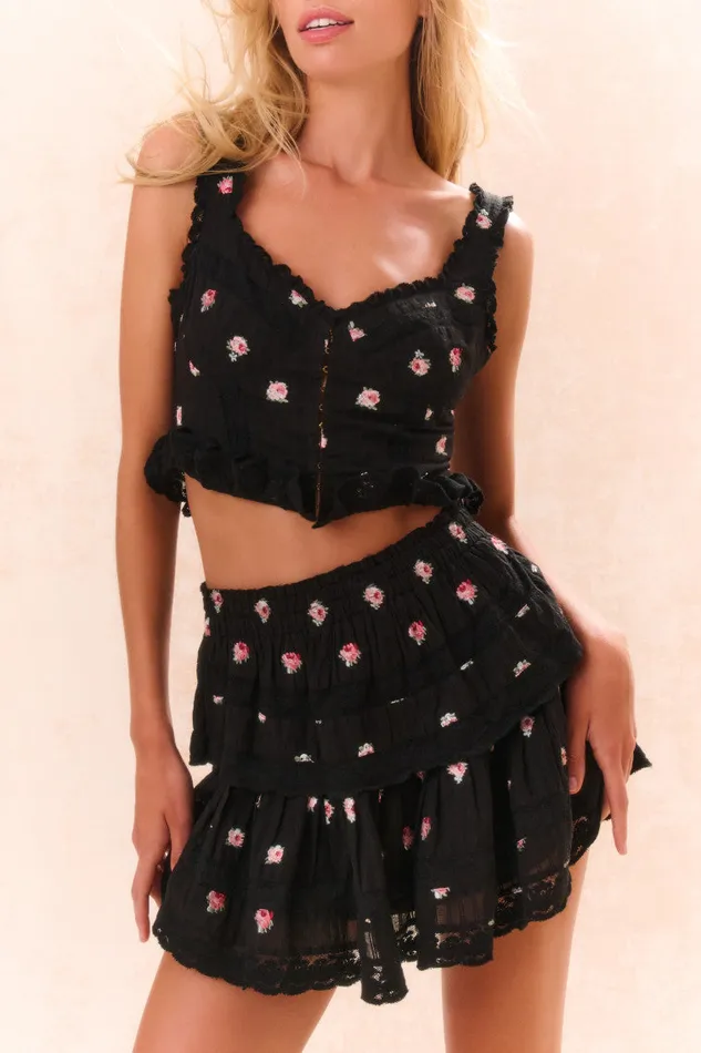 Women LoveShackFancy Skirts Ruffle Mini Embroidered Floral Skirt Black Combo