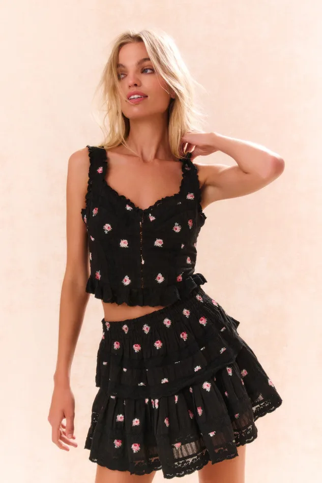 Women LoveShackFancy Skirts Ruffle Mini Embroidered Floral Skirt Black Combo