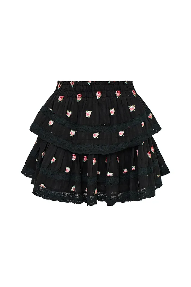 Women LoveShackFancy Skirts Ruffle Mini Embroidered Floral Skirt Black Combo