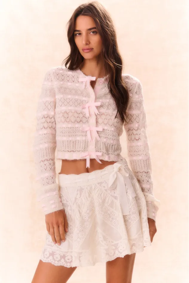 Women LoveShackFancy Sweaters Roselline BowDetailed Knit Cardigan Vanilla Rose