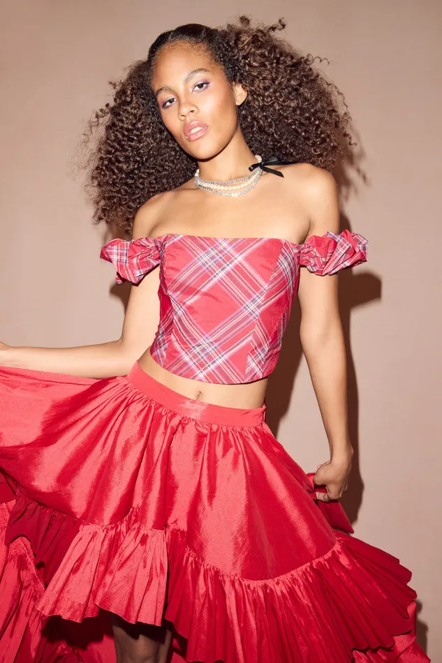 Women LoveShackFancy Tops Maryjane Tartan Bustier Top Cheery Red
