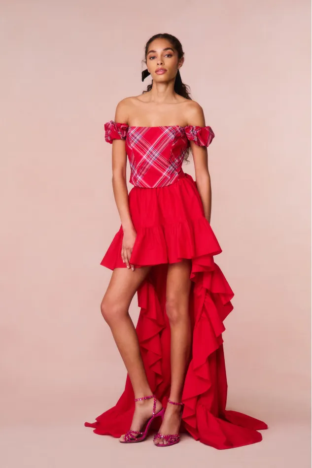 Women LoveShackFancy Tops Maryjane Tartan Bustier Top Cheery Red