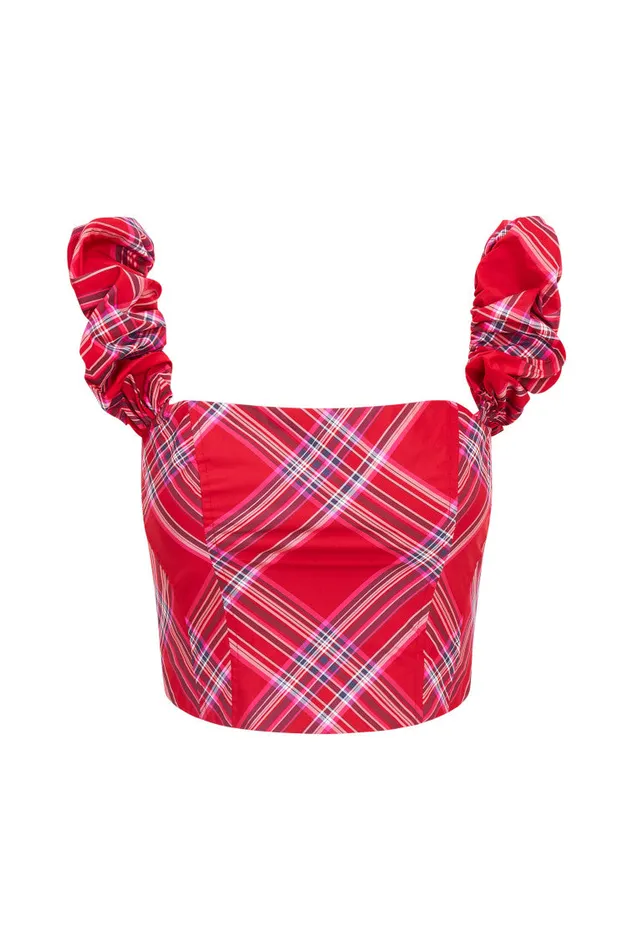 Women LoveShackFancy Tops Maryjane Tartan Bustier Top Cheery Red