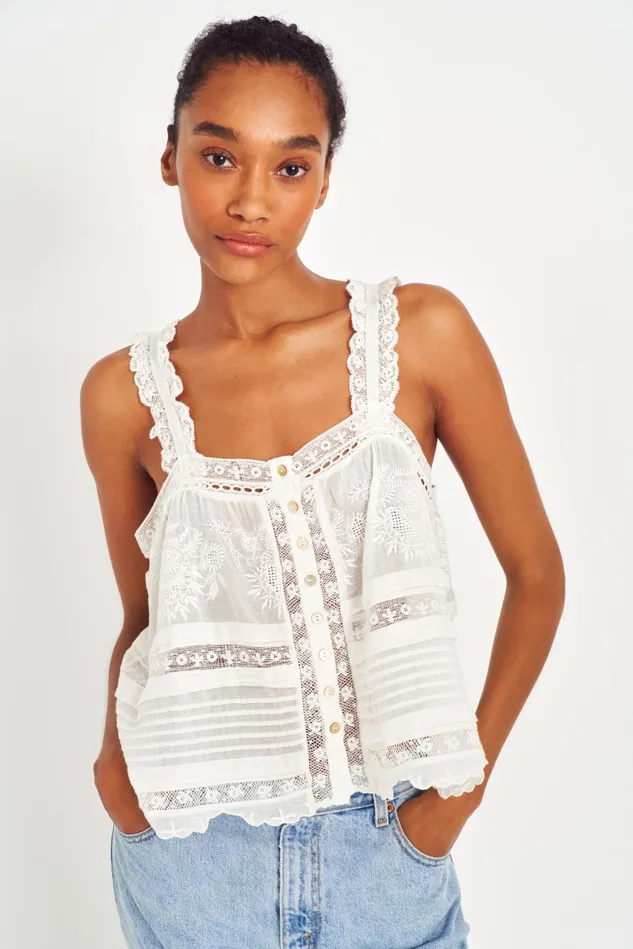 Women LoveShackFancy Tops Sully Heritage Tank Top White