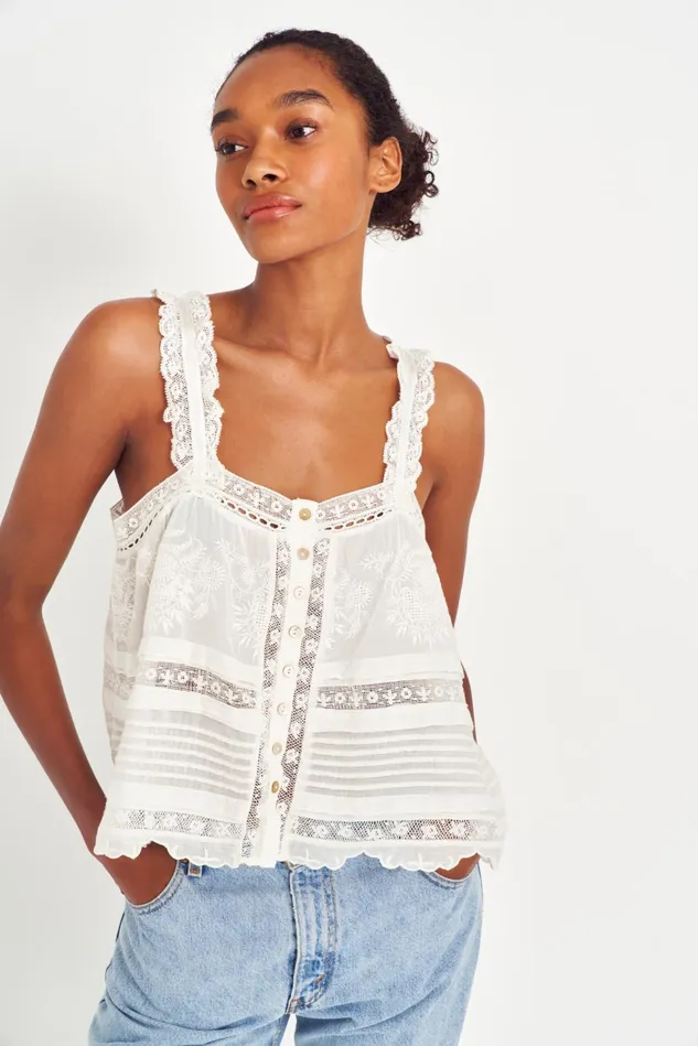 Women LoveShackFancy Tops Sully Heritage Tank Top White