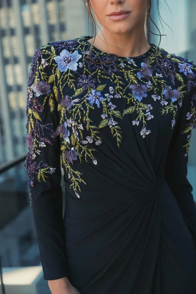 Women Mac Duggal Embellished Long Sleeve Fitted Jersey Gown Midnight Best Sellers