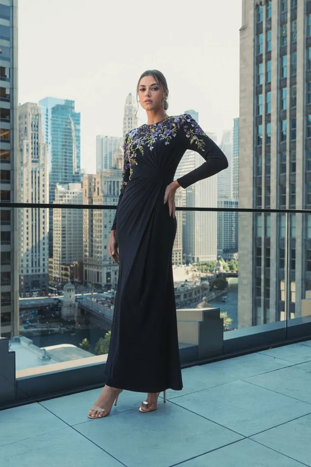 Women Mac Duggal Embellished Long Sleeve Fitted Jersey Gown Midnight Best Sellers
