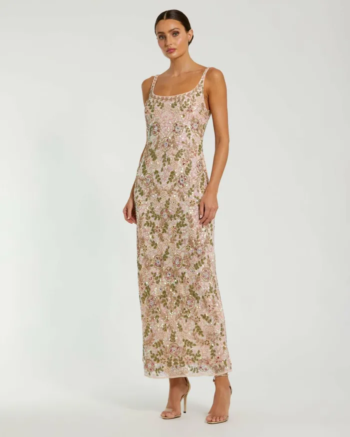 Women Mac Duggal Sleeveless Hand Beaded Floral Midi Dress Nude Multi Best Sellers