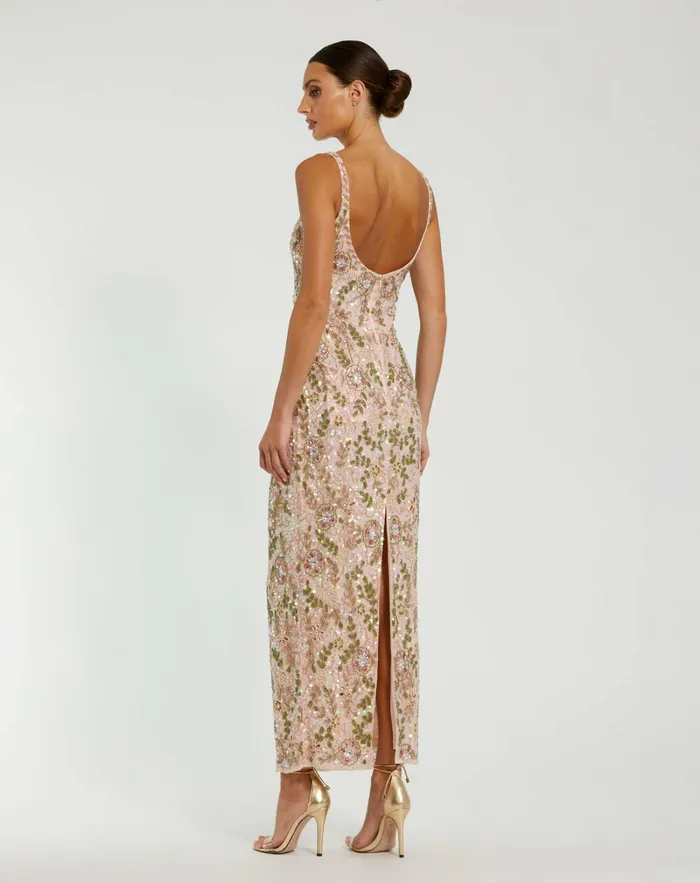 Women Mac Duggal Sleeveless Hand Beaded Floral Midi Dress Nude Multi Best Sellers