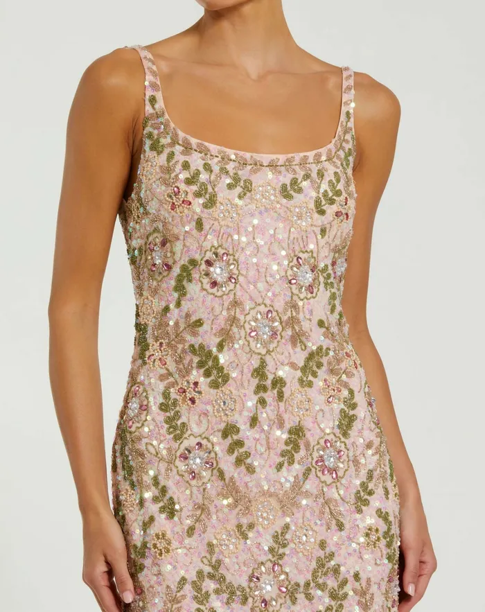 Women Mac Duggal Sleeveless Hand Beaded Floral Midi Dress Nude Multi Best Sellers