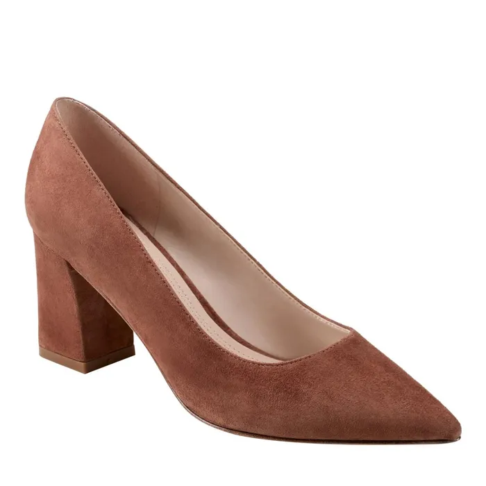 Women Marc Fisher Heels and Pumps Zala Block Heel Pointy Toe Pump Medium Natural Suede