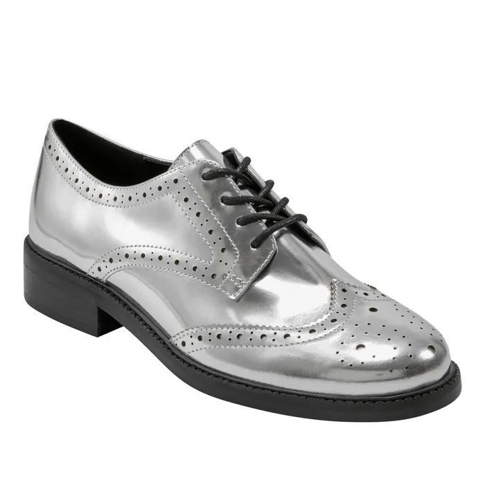 Women Marc Fisher Loafers and Flats Perrie LaceUp Oxford Silver Leather