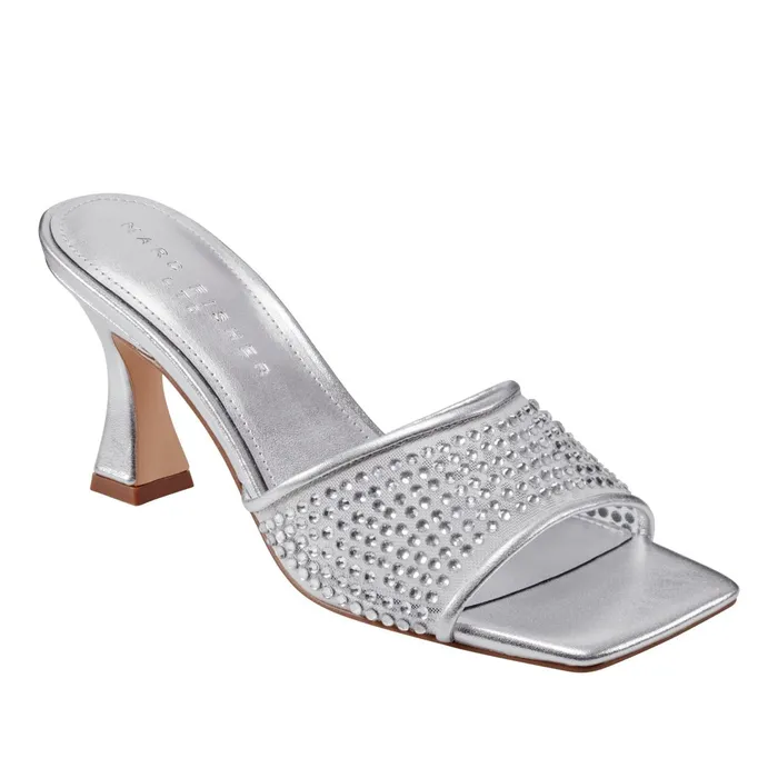 Women Marc Fisher Mules and Slides Delaney Studded Slide Sandal Silver Leather