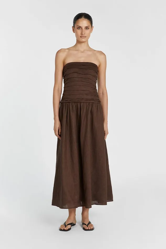 Women Midi Dresses DISSH CATANIA BITTER CHOC LINEN MIDI DRES