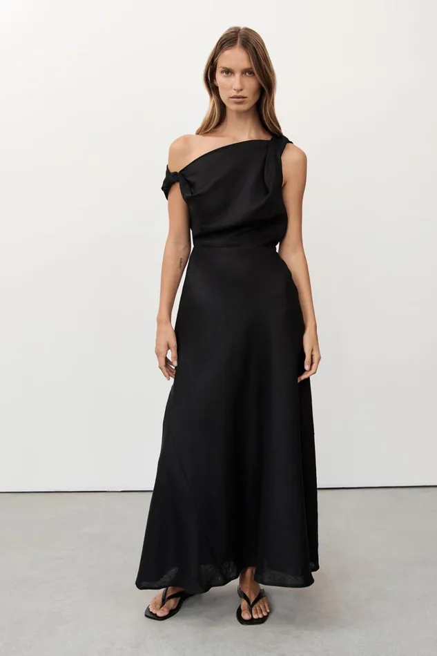 Women Midi Dresses DISSH JOELLE BLACK LINEN MIDI DRESS