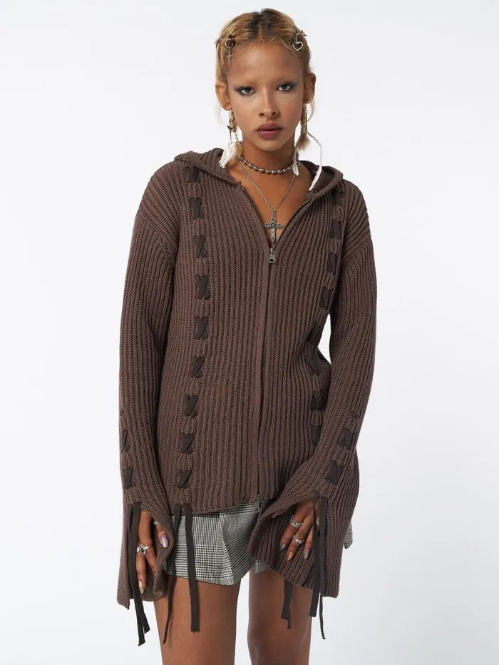 Women Minga London Jackets and Cardigans Nixie Brown Lace Up Cardigan
