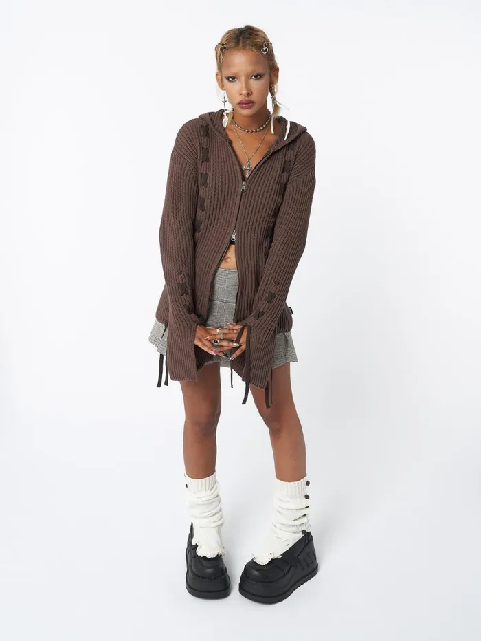 Women Minga London Jackets and Cardigans Nixie Brown Lace Up Cardigan