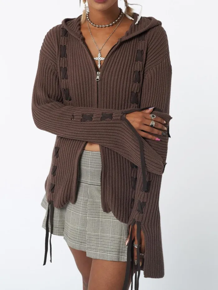 Women Minga London Jackets and Cardigans Nixie Brown Lace Up Cardigan