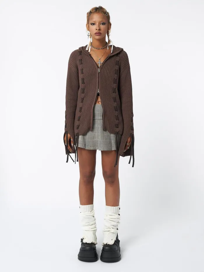 Women Minga London Jackets and Cardigans Nixie Brown Lace Up Cardigan