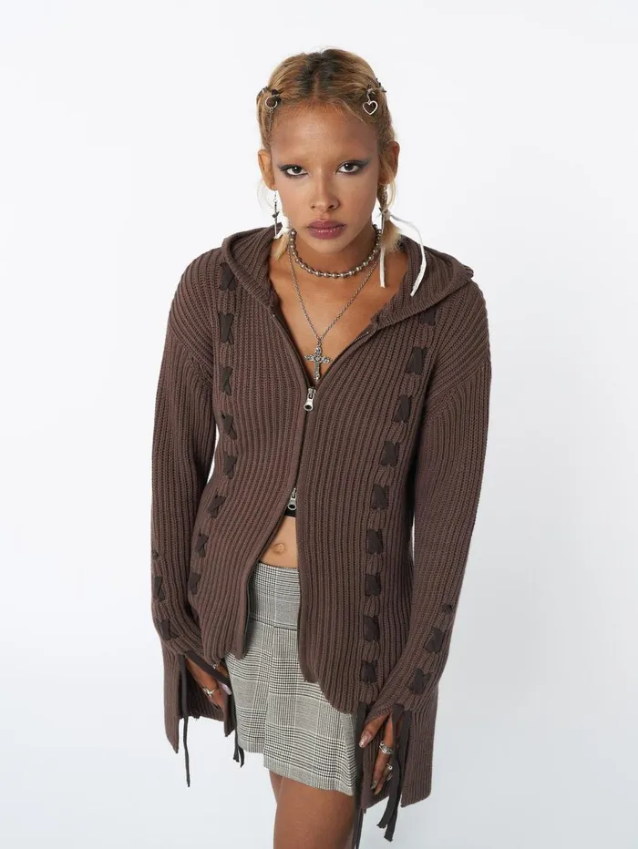 Women Minga London Jackets and Cardigans Nixie Brown Lace Up Cardigan