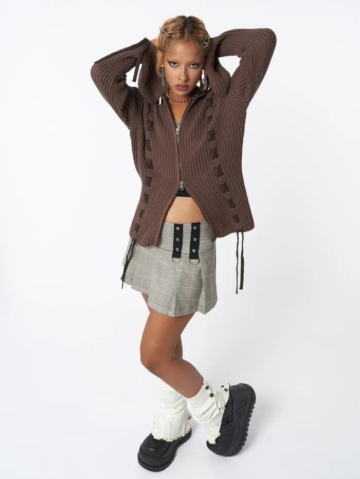 Women Minga London Jackets and Cardigans Nixie Brown Lace Up Cardigan