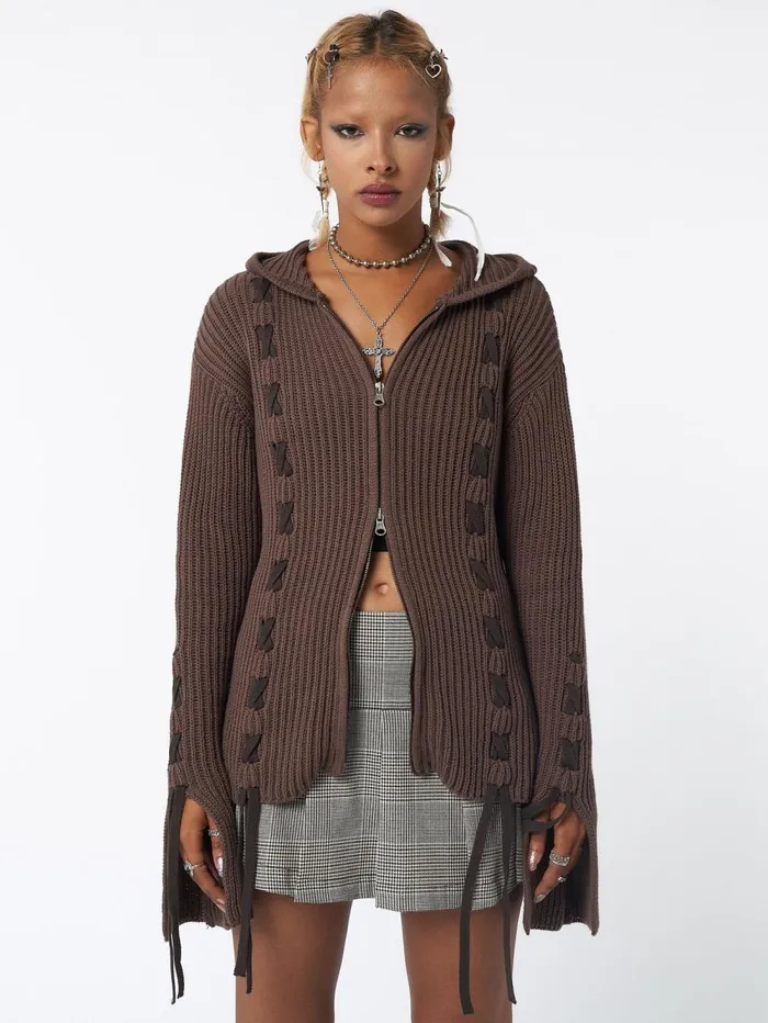 Women Minga London Jackets and Cardigans Nixie Brown Lace Up Cardigan