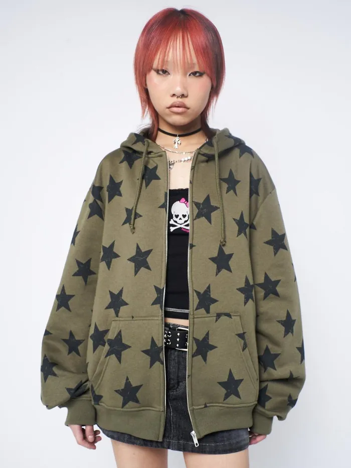 Women Minga London Jackets and Cardigans Star Print Green Zip Up Hoodie