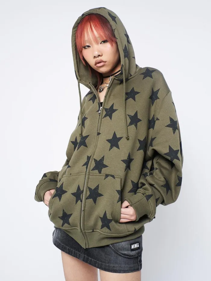 Women Minga London Jackets and Cardigans Star Print Green Zip Up Hoodie