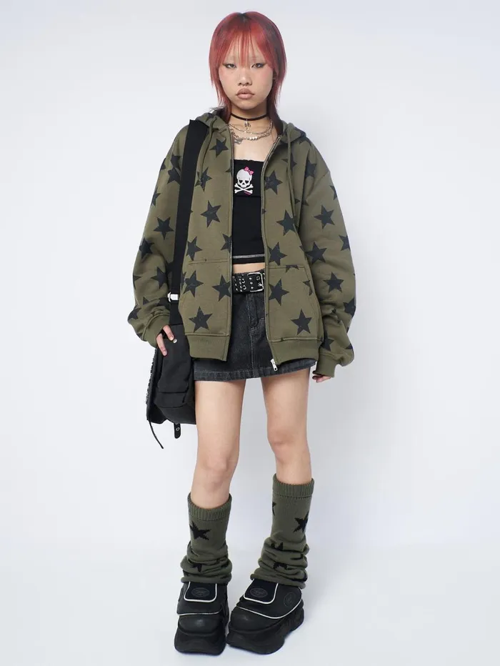 Women Minga London Jackets and Cardigans Star Print Green Zip Up Hoodie