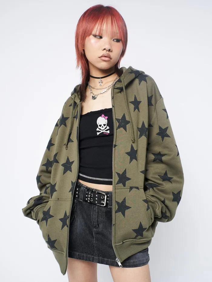 Women Minga London Jackets and Cardigans Star Print Green Zip Up Hoodie