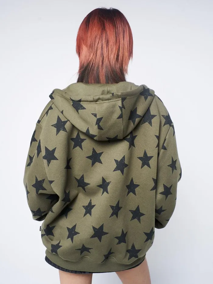 Women Minga London Jackets and Cardigans Star Print Green Zip Up Hoodie