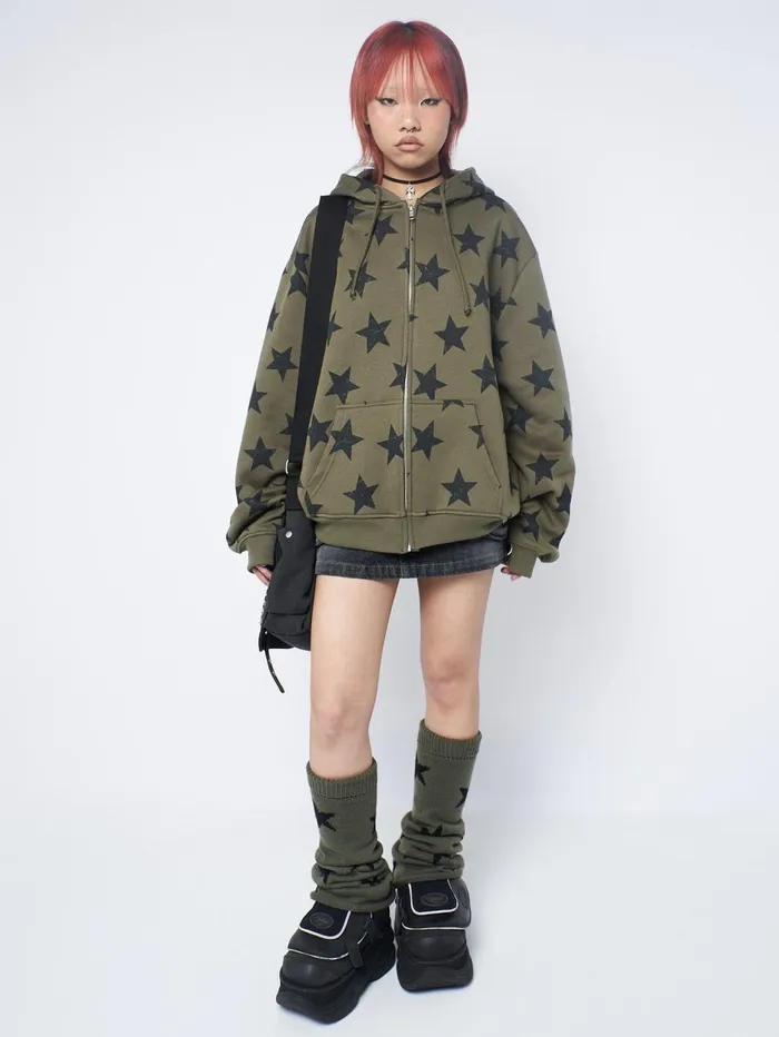 Women Minga London Jackets and Cardigans Star Print Green Zip Up Hoodie