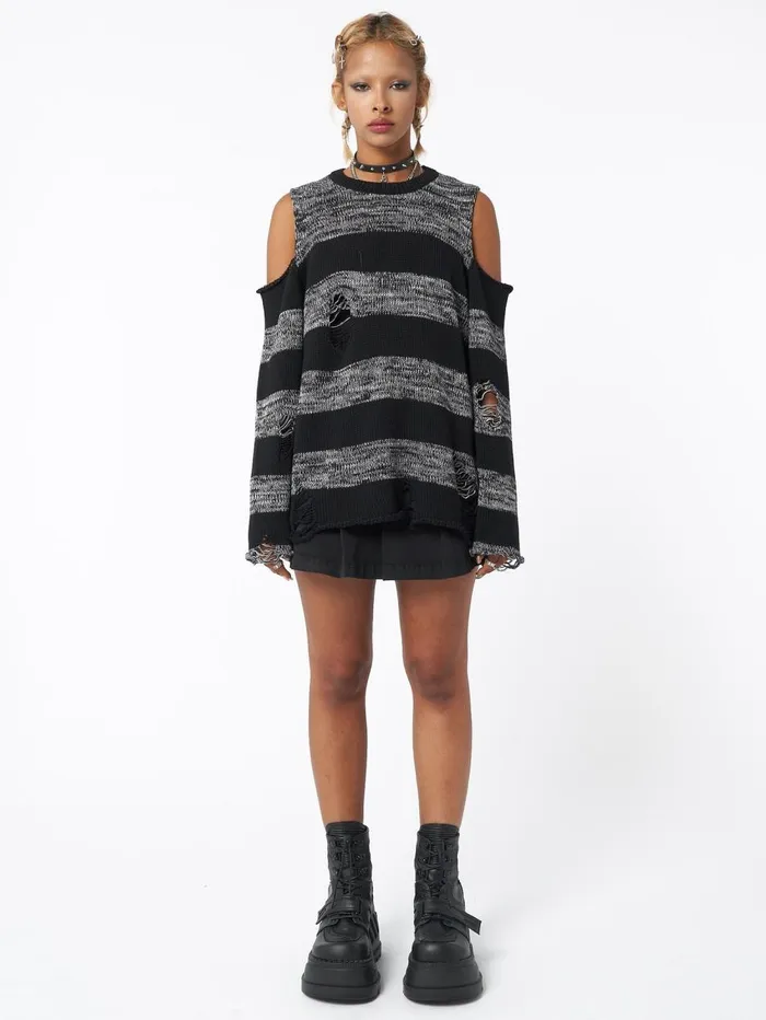 Women Minga London Knitwear Curtis Black Grey Striped Knit Jumper
