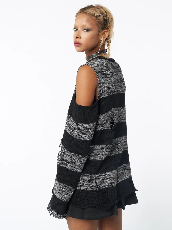 Women Minga London Knitwear Curtis Black Grey Striped Knit Jumper