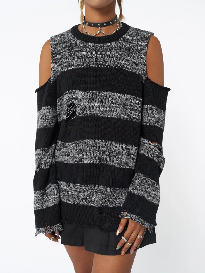 Women Minga London Knitwear Curtis Black Grey Striped Knit Jumper