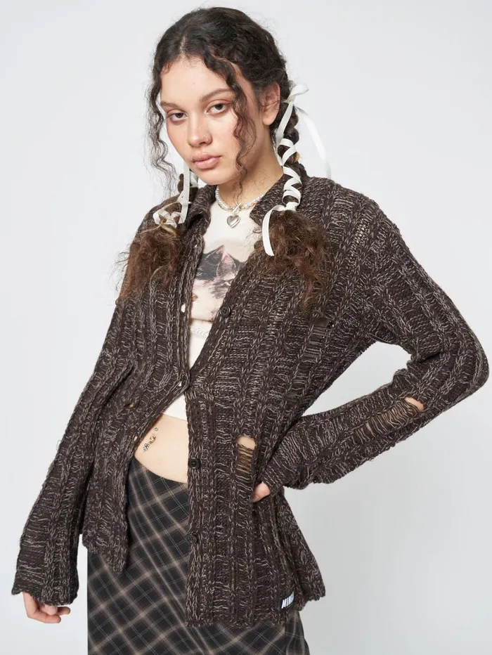 Women Minga London Knitwear Gem Brown Distressed Knit Cardigan