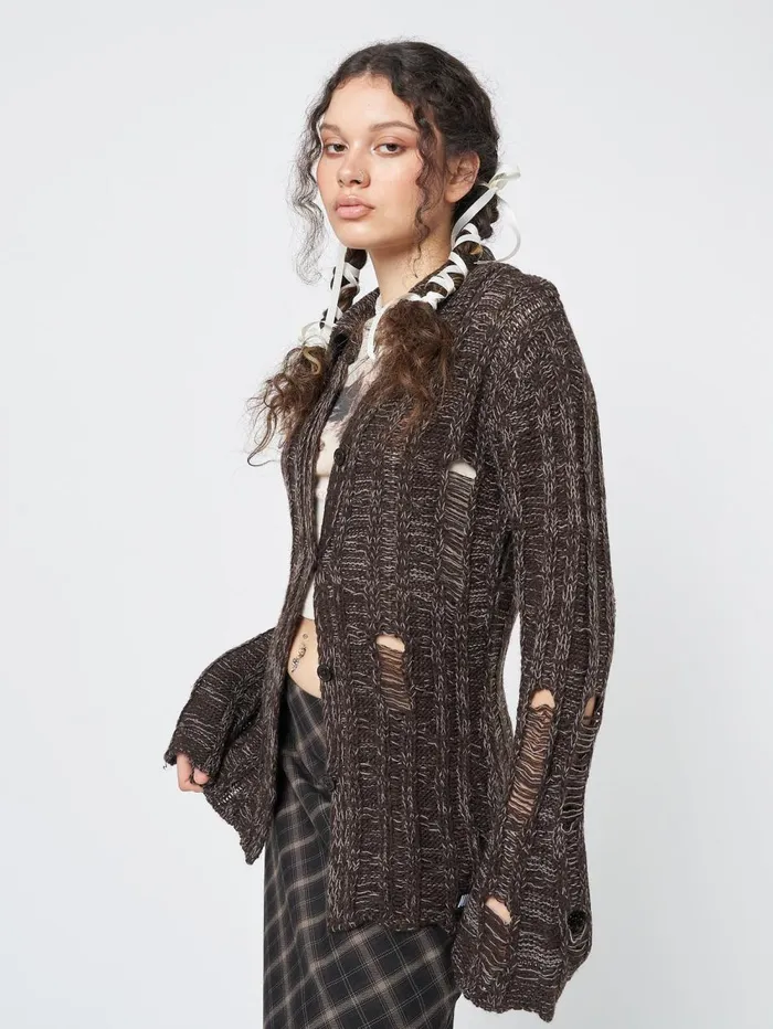 Women Minga London Knitwear Gem Brown Distressed Knit Cardigan