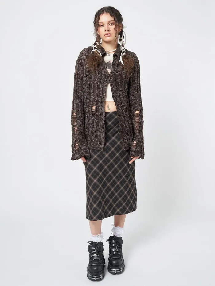 Women Minga London Knitwear Gem Brown Distressed Knit Cardigan
